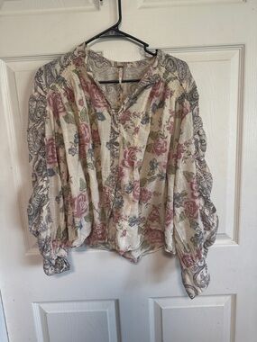 Free People Floral Peasant Blouse - Cream with Pink & Green